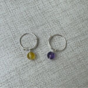Sterling Silver Adjustable Ring with bead Charm Set of 2 amethyst and citrine